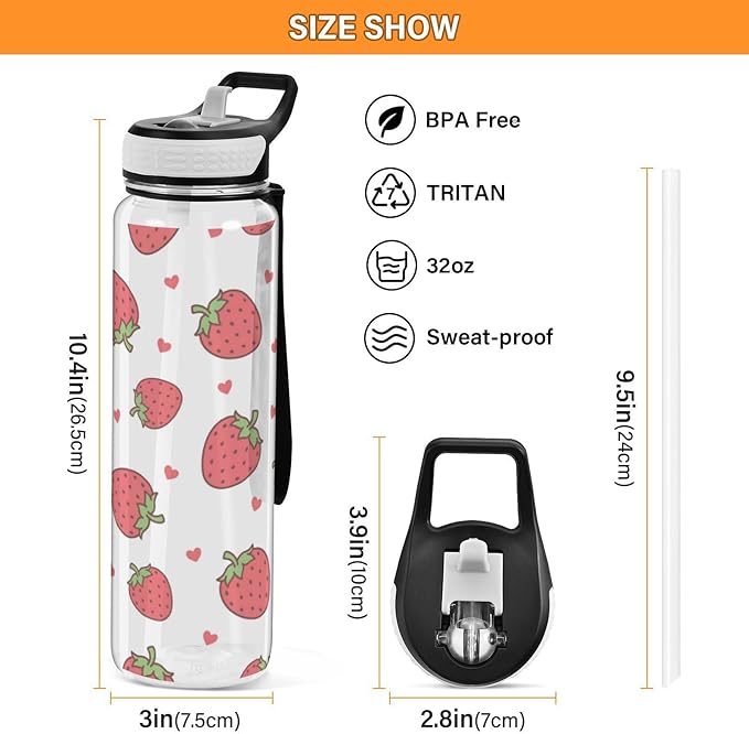 Strawberry Water Bottle with Straw Cartoon Heart Sports Bottles BPA-Free Tritan Water Jug with Carrying Strap for Gym Office Outdoor Sports