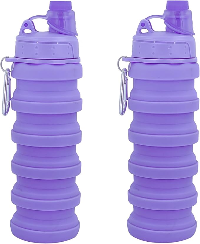 Collapsible Water Bottles Two Pack Travel Sports Portable Sport Water Bottle comes with mountaineering Buckle 500ml silicone Water-proof camping water bottle (Purple and Purple Color)