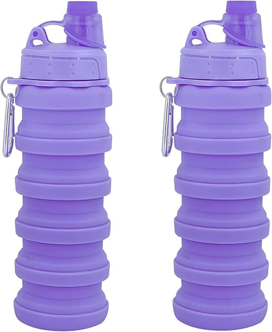 Collapsible Water Bottles Two Pack Travel Sports Portable Sport Water Bottle comes with mountaineering Buckle 500ml silicone Water-proof camping water bottle (Purple and Purple Color)