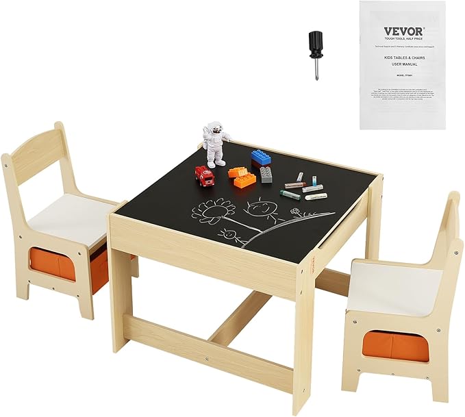 VEVOR Kids Table and Chair Set, 3 in 1 Wooden Activity Table with Storage Space and Boxes, Detachable Tabletop Kids Play Table for Toddlers Art, Craft, Reading, Learning