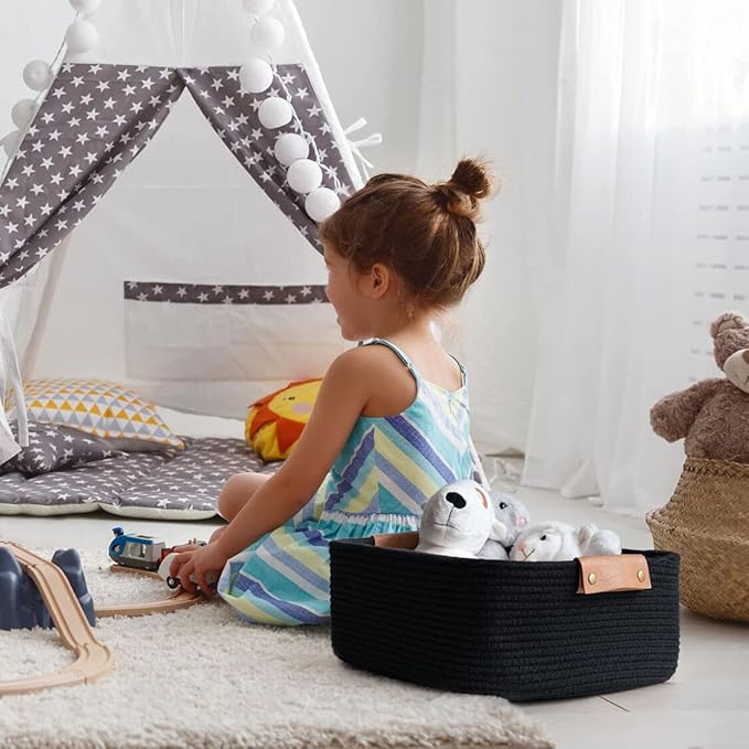 CHICVITA Rectangle Cotton Rope Woven Basket with Handles for Books, Magazines, Toys - Decorative Rectangle Basket for Baby Nursery, Living Room, Bathroom, Black
