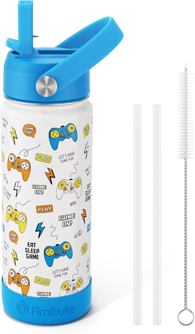Fimibuke Kids Insulated Water Bottle - 18oz BPA-FREE 18/8 Stainless Steel Kids Cup with Straw Travel Tumbler Double Wall Vacuum Leak Proof Toddler Water Bottle for School Boys Girls(1 Pack, Game)