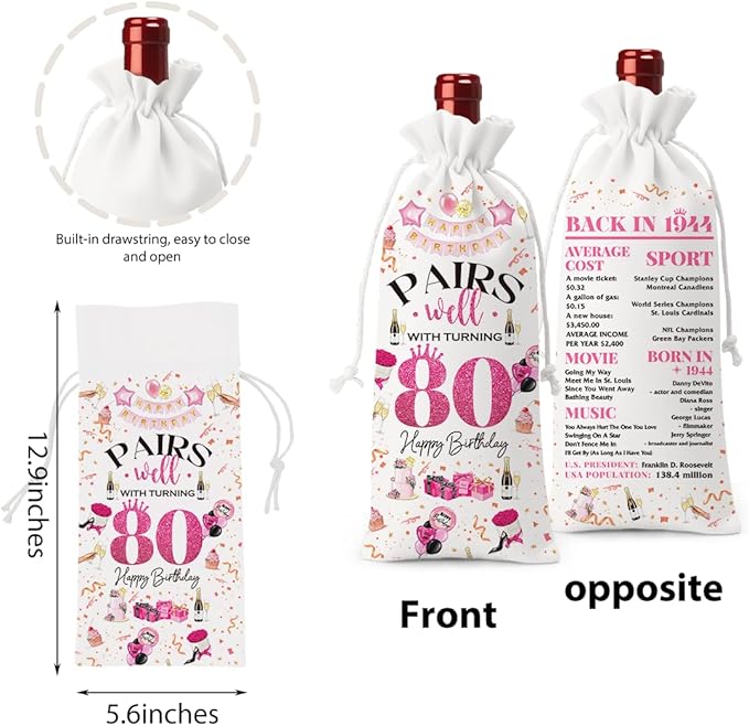 80th Birthday Gifts for Women Men Wine Bag, Birthday Gifts for 80 Year Olds Woman, Happy 80th Birthday Party Decorations for Women Men, Pairs Well with Turning 80 Wine Bags (White Pink)