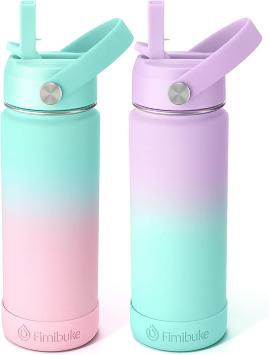 Fimibuke Kids Insulated Water Bottle - 18oz BPA-FREE 18/8 Stainless Steel Kid Cup with Straw Travel Tumbler Leak Proof Double Wall Vacuum Toddler Water Bottle for School Boy Girl（2 Pack, Candy/Bubble）