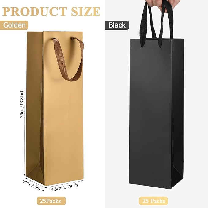 Fumete 50 Pack Wine Bottle Gift Bags Paper Wine Gift Bags Bulk 13.8x3.7x3.5 Wine Bags with Handles Appreciation Gifting Bags for Christmas Wedding Anniversary Birthday Party(Black, Gold)