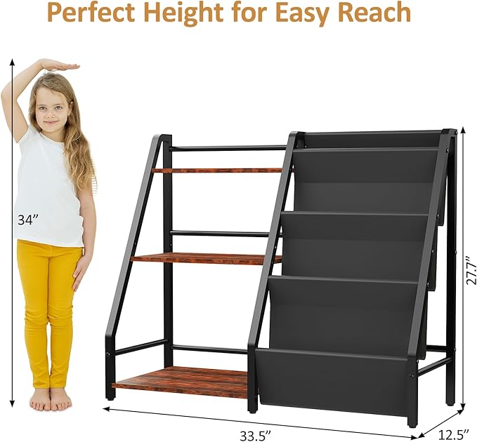 Kids Bookshelf and Toy Organizer, Book Shelf for Kids Rooms,2 in 1 Nursery Book Shelves, Toddler Bookshelf Montessori Bookshelf and Kids Book Shelf (Black)