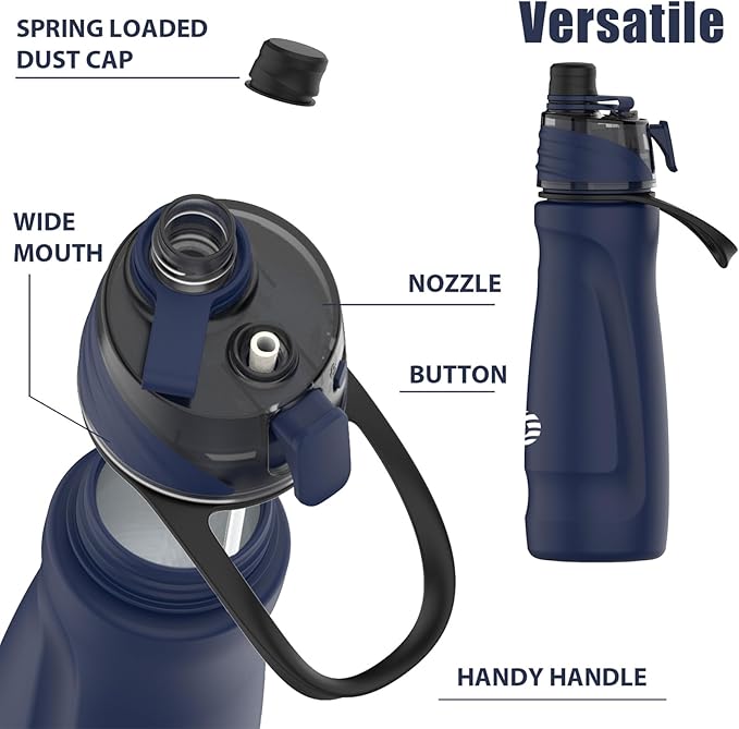 Misting Water Bottle, 24oz Insulated Water Bottle, 2-in-1 Mist & Sip Stainless Steel Water Bottles, Thermo for Hot Drinks/Cold Drinks, Sports Water Bottle for Hiking, Running, Gym, Navy Blue