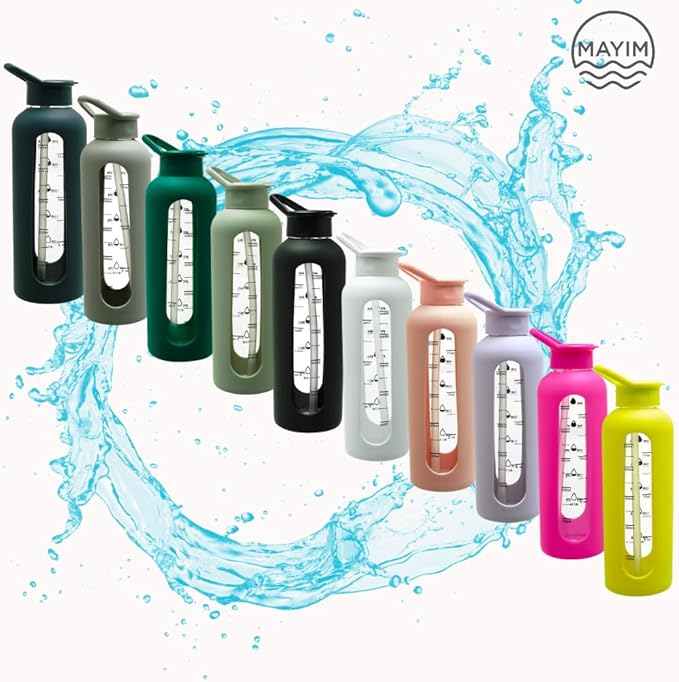 Mayim 24 Oz Glass Tumbler with Straw and Handle, Reusable Motivational Glass Water Bottle with Silicone Sleeve and Time Marker, Leak Proof Borosilicate Water Bottle -Grey