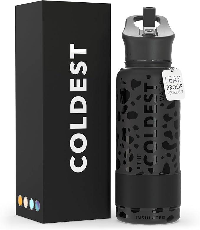 Coldest Sports Water Bottle with Straw Lid Vacuum Insulated Stainless Steel Metal Thermos Bottles Reusable Leak Proof Flask for Sports Gym(32 oz, Black Leopard)