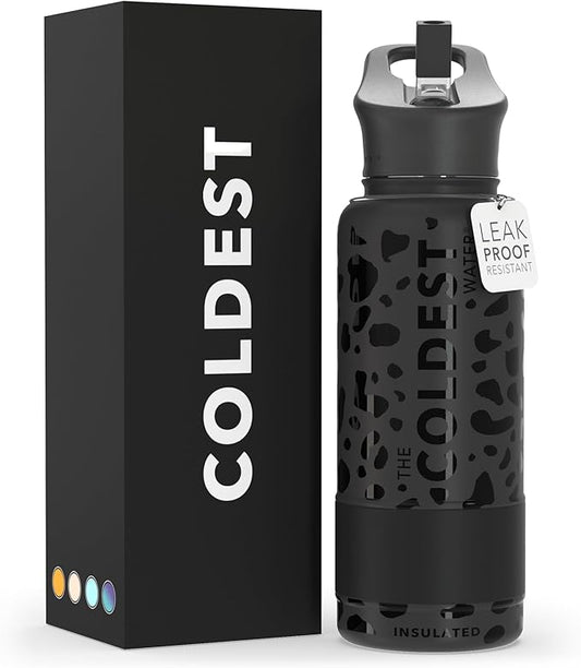 Coldest Sports Water Bottle with Straw Lid Vacuum Insulated Stainless Steel Metal Thermos Bottles Reusable Leak Proof Flask for Sports Gym(32 oz, Black Leopard)