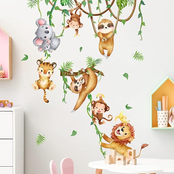 Lion Monkey Sloth Koala Tiger Wall Stickers Jungle Animals Climbing Tree Wall Decals Peel and Stick Wall Art Decals for Kids Bedroom Baby Nursery Living Room Playroom Boys Girls Bedroom