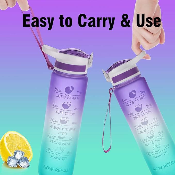 Prometheuz 32oz Water Bottle with Straw, Motivational Water Bottle with Time Marker, Water Bottles Leakproof & BPA-Free for Sports, Work and Fitness Purple Mint