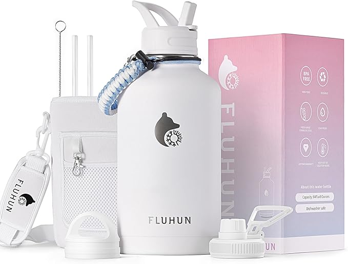 64 oz Insulated Water Bottle with Straw and Handle, Double Walled Vaccum Stainless Steel Half Gallon Water Bottle for Women, 3 Lids, Metal Canteen, Protective Sleeve, Gym & Outdoors Water Jug