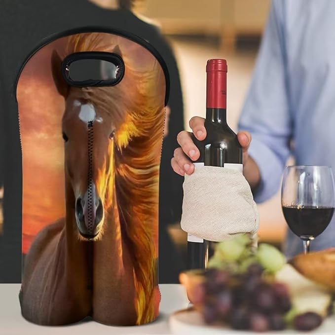 doginthehole 2 Bottle Wine Carrier Tote Horse Sunset Print Insulated Wine Cooler Bag Soft Portable Wine Bottle Carrier Neoprene Wine Tote Holder Insulated Cooler Protector Sleeve
