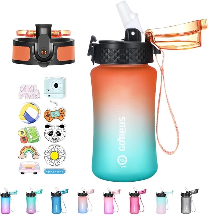 GOPPUS Kids Water Bottle with Straw Spout Lid 10pcs Stickers 12 oz Leak-proof BPA Free Motivational Time Marker Tritan Plastic Water Bottles for Girls Boys School Sports
