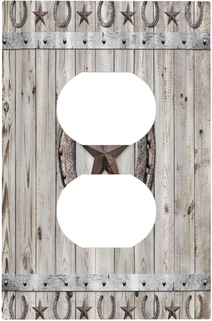 Rustic Western Wood Barn Door Horseshoe Iron Star Single Duplex Wall Plate Covers Light Switch Cover 1 Gang Outlet Plate Decorative Switchplate Covers Electrical Faceplate for Farmhouse Bedroom