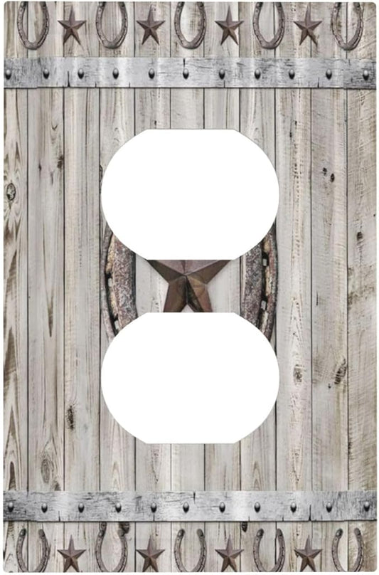 Rustic Western Wood Barn Door Horseshoe Iron Star Single Duplex Wall Plate Covers Light Switch Cover 1 Gang Outlet Plate Decorative Switchplate Covers Electrical Faceplate for Farmhouse Bedroom