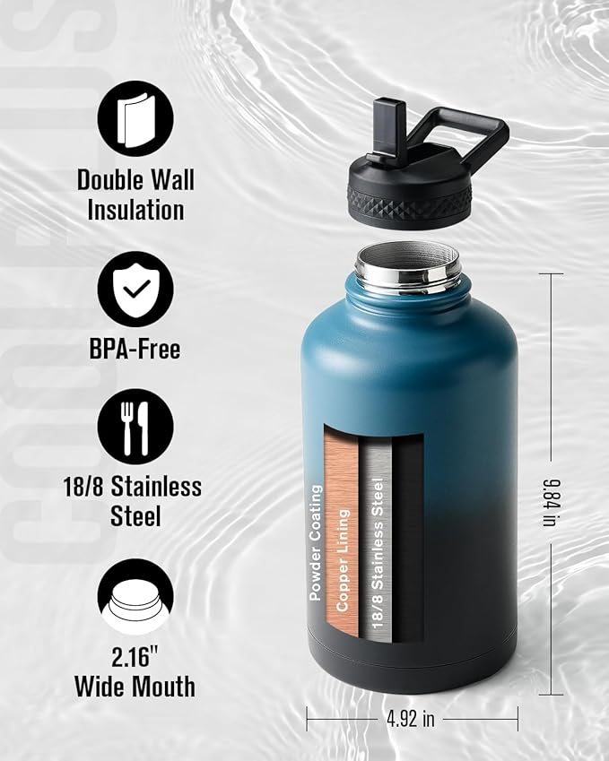 Coolplus 64 oz Water Bottle Insulated, Half Gallon Insulated Water Jug With Straw Stainless Steel Double-Walled Vacuum Metal Large Flask Bpa-Free Leakproof, Keep Cold 48 Hrs Hot 24hrs, Blue Black