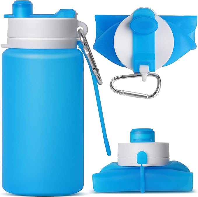 Collapsible Water Bottle, Foldable Water Bottle for Travel & Collapsable Water Bottle with Clip for Backpack, Portable Silicone Water Bottle, Collapse Water Bottle for Travel (20oz, Blue)
