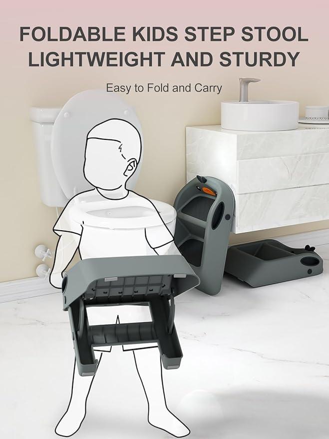 Toddler Step Stool Dark Grey, Foldable 2 Step Stool for Kids Bathroom Sink Potty Toilet, 15" Height(11" Two Steps & 4" Back Support), Cute & Lightweight Gift to Give Todders 1-3 More Independence