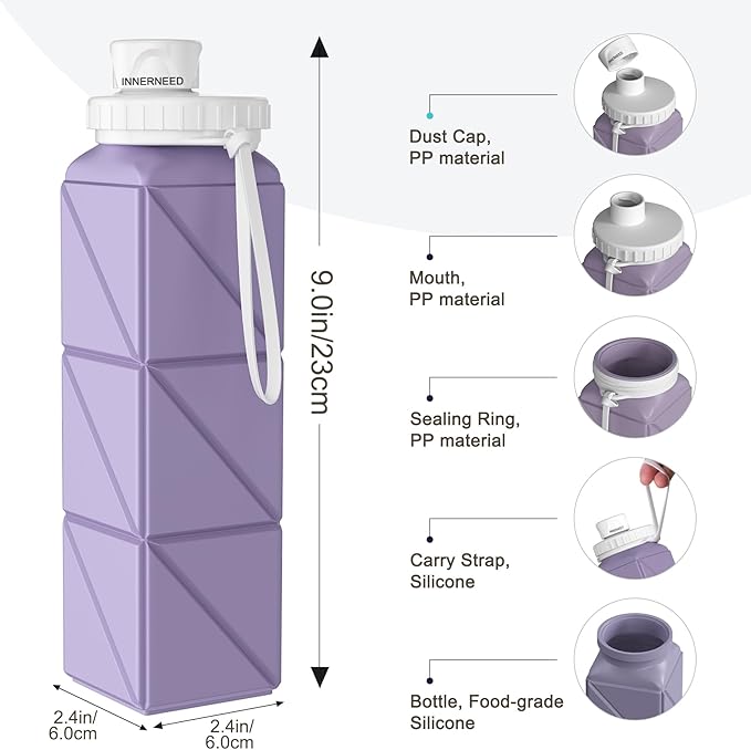 INNERNEED Collapsible Water Bottle, Reuseable BPA Free Silicone Foldable Water Bottles for Travel Gym Camping Hiking, 20.6 fl.oz, Portable, Food-Grade, Leak Proof (1 Pack, Purple)