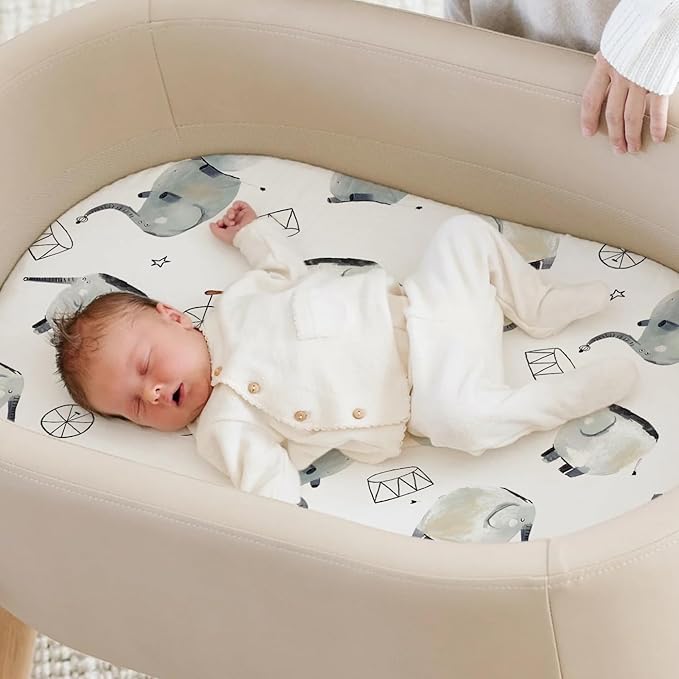 GRSSDER Stretchy Ultra Soft Fitted Bassinet Sheet Set 2 Pack, Universal Fitted for Bassinets Baby Cradle Moses Basket Oval Rectangle Mattress Safe and Snug, Cute Elephant Print