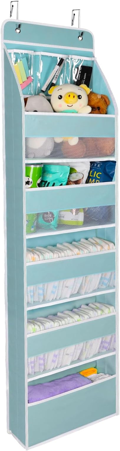 Univivi Door Hanging Organizer Nursery Door Hanging Storage Closet with 5 Large Pockets and 3 Small PVC Pockets Over Door Organizer for Cosmetics, Toys and Sundries (Blue)