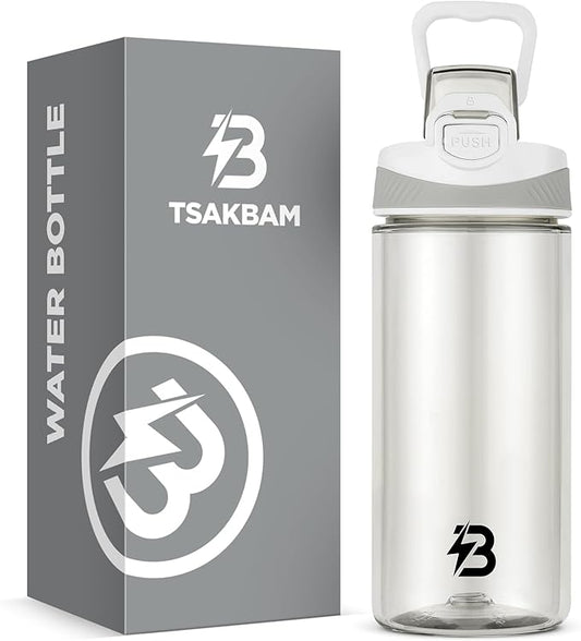 Clear Water Bottle, Reusable Sports Water Bottle Tritan with Leak-Proof Flip Top Lid and Carry Handle for Travel, Gym, Office, Outdoor (White, 16 Oz)