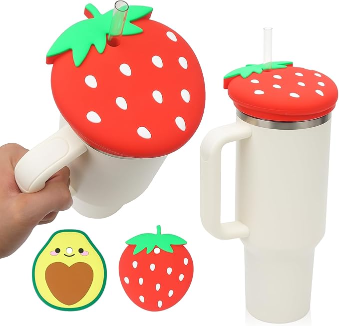 Stanley Cup 40 Oz Lid Anti-scratch Protective Case with Strawberry Design, Silicone Dustproof Lid Toppers for Stanley 40 Oz Tumbler, Stanley Cup Cute Accessories Decorations