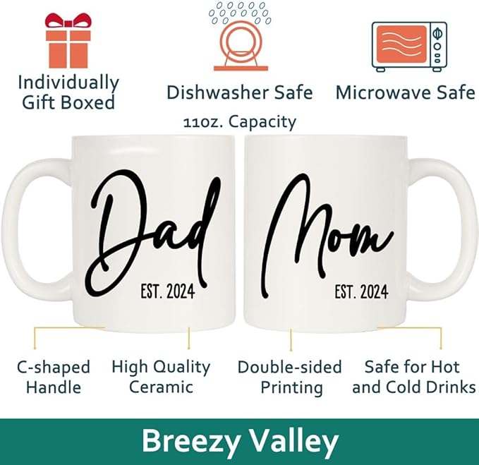 Breezy Valley New Parents Gifts for Couples, New Mom Dad Gifts for Women - Dad Mom to Be Gifts for 1st First Time, Pregnancy Gifts for Expecting Mom Dad Mugs Est 2024, Baby Shower Gender Reveal Gifts