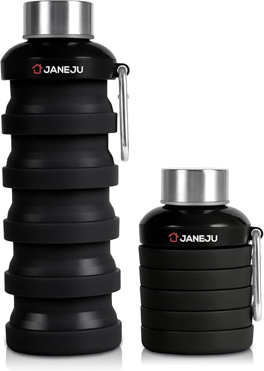 JaneJu Collapsible Water Bottle, 17oz BPA Free Silicone Reusable Portable Lightweight Foldable Water Bottles with Carabiner, Portable Leak Proof Sports Water Bottle (Black)