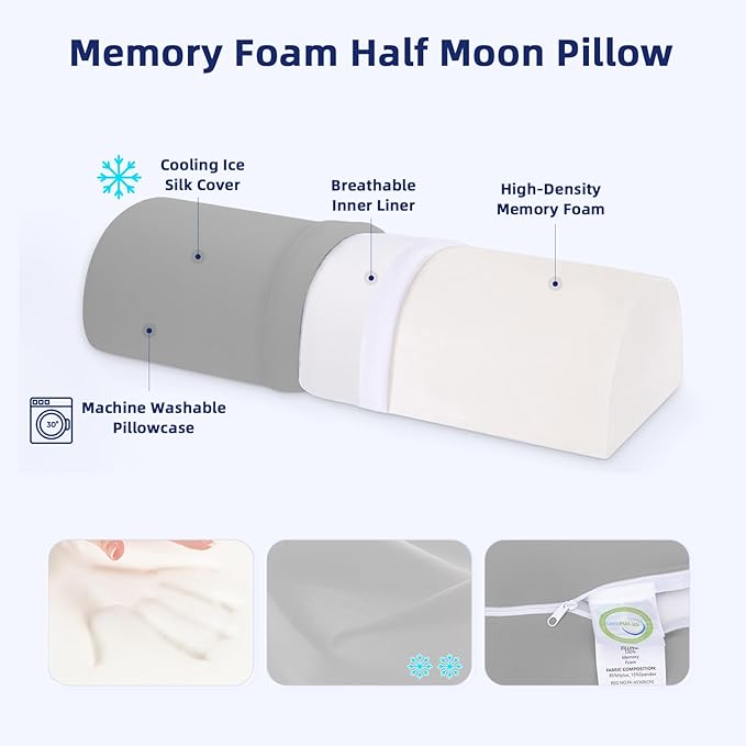 Bolster Pillow for Legs - Half Moon Under Knee Pillow for Sleeping On Back - Memory Foam Knee Bolster Pillow for Sleeping, Lower Back, Lumbar Support and Foot Elevation (Dark Grey)