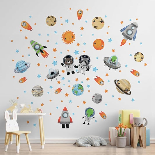 Solar System Wall Decals for Kids by Lipastick - Space Animal Wall Stickers Boys Room Playroom - Galaxy Wall Decor - Kids Vinyl Wall Decal Peel and Stick - Outer Space Nursery Decoration S Size
