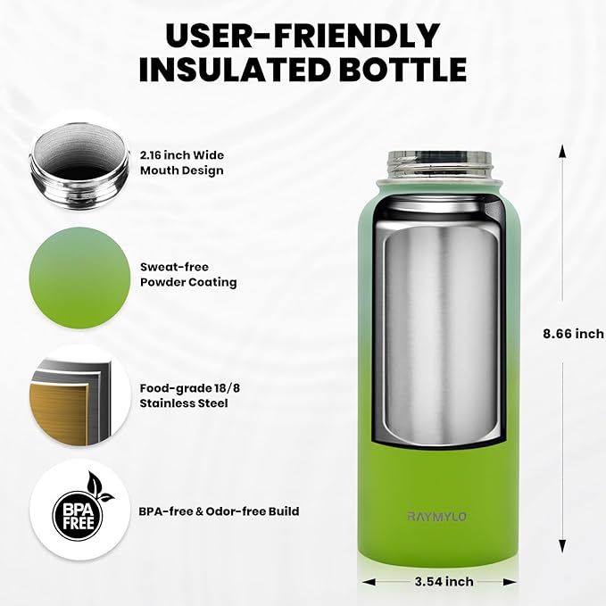 Insulated Water Bottle 32 oz, Triple Wall Vacuum Stainless Steel (Cold for 48 Hrs), Leak Proof & Non-BPA, Modern Water Flask Jug with Paracord Handle & Straw Spout Lids, Ombre Green