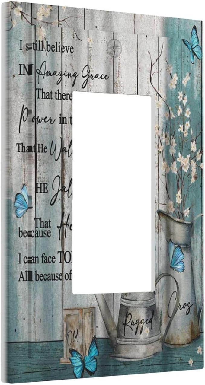 Vintage Teal Butterfly Inspirational Quotes Wood Plank 1 Gang Rocker Light Switch Covers Single Decora Outlet Wall Plate Decorative Switchplate Faceplate GFCI for Farmhouse Country Bedroom Decor