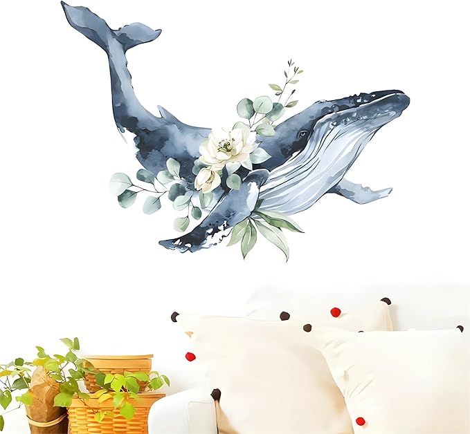 Cute Wreath Humpback Whale Wall Stickers, sacinora Cartoon Sea Animal Wall Decals Removable Vinyl Peel and Stick for Kids Baby Nursery Living Room Bedroom Children's Room Bathroom Art Decorations