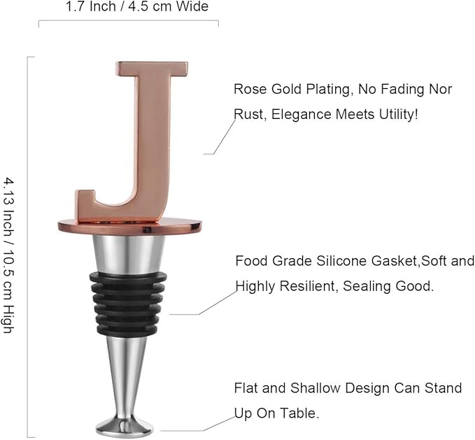 Miicol Wine Stopper, Prosecco Stopper, Wine Bottle Stopper, Personalised Champagne Stopper, Rose Gold Wine Accessories, Wine Lovers Gift, Monogram Gift, Letter J