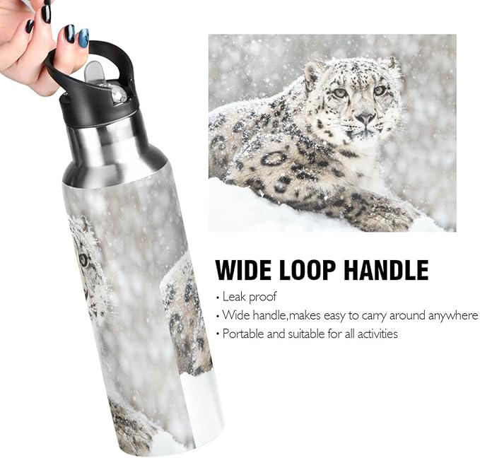 senya 20 Oz Water Bottle with Straw Snow Leopard Stainless Steel Water Bottle for Traveling Sports Leakproof Insulated Water Bottle
