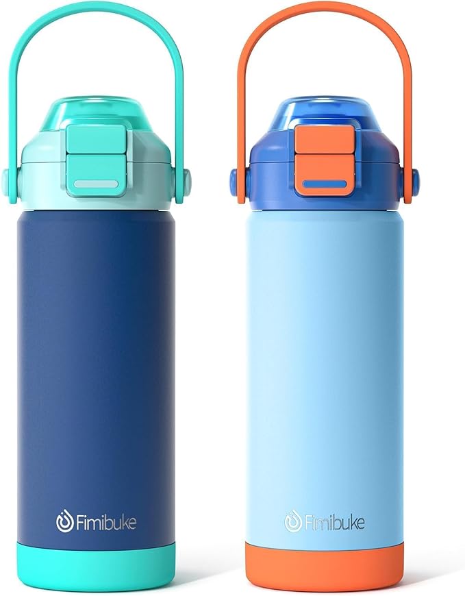 Fimibuke Kids Insulated Water Bottle with Pop-Open Straw & Spout 2-in-1 Lid, 18oz Leak Proof 18/8 Stainless Steel Vacuum Tumbler, BPA-Free Kids Cup For Travel School Boys Girls Toddler 2Packs