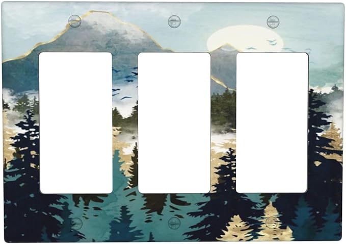 Boho Mountain Forest Abstract Sunset Sunrise Sun 3 Gang Rocker Light Switch Covers Triple Outlet Wall Plate Decorative Switchplate Cover Faceplate GFCI for Country Bathroom Bedroom Decor