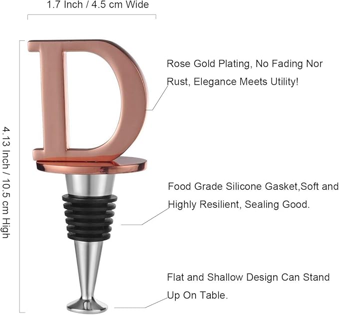 Wine and Beverage Bottle Stopper With Rose Gold Finish-Perfect Presents/Gift Idea for Valentines Day, Mothers Day, Fathers Day, Thanksgiving Day,D-Initial (Letter D)