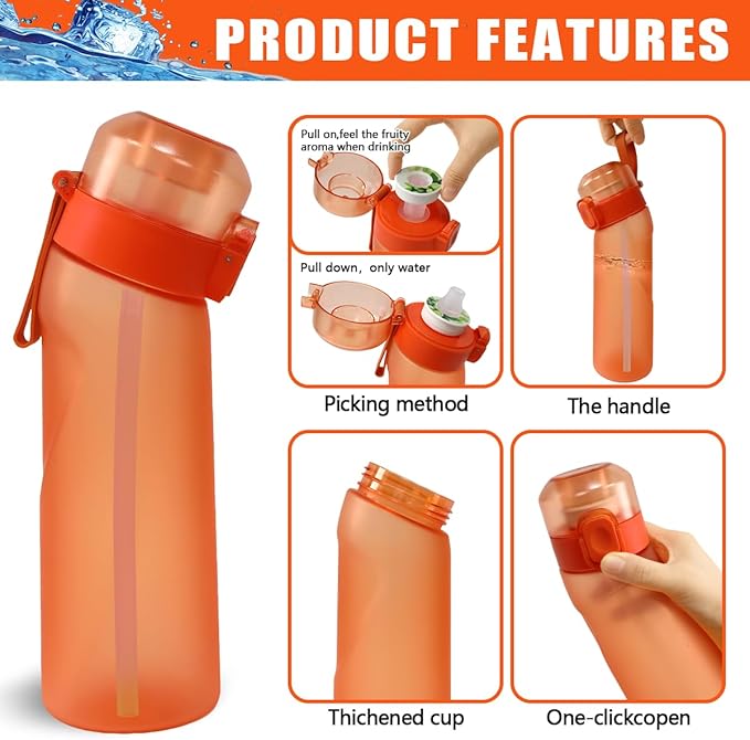 Water Bottle with Flavor Pods 21.9 Oz/650ml Fruit Fragrance Water Bottle Recyclable Sports Air Water Cup Scented Pods for Outdoor (Orange)