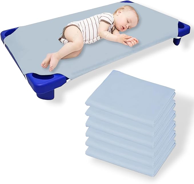 Pack of 6 Cot Sheet for Daycare Preschool Cot Bed -Polyblend Fabric with Corner Elastic Cots Sheets Fits On 22" X 52" Inches Size Toddler and Preschool Daycare Cot Light Blue 22 X 52 Size