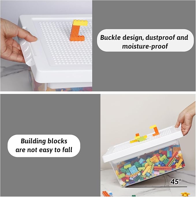 loobuu Plastic Storage Bins with Lids - 1 Set Stackable Arts Crafts Organizer Box with Removable Divided Tray &Compatible Building Baseplate,Toy Chest Containers for Bricks -White(14.37"x9.64"x6.69")