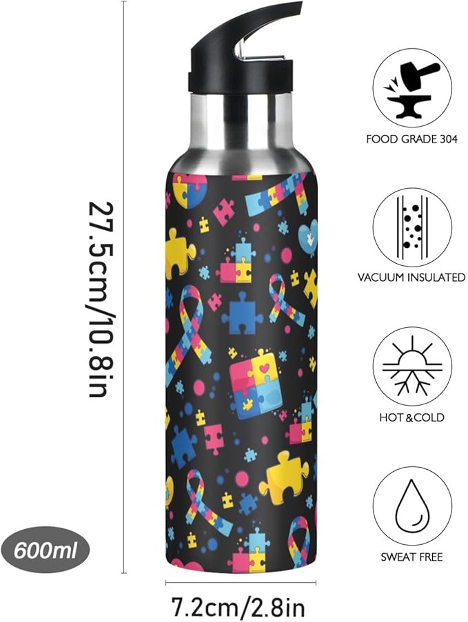 Stainless Steel Water Bottle with Straw Lid - 20 Oz Sports Insulated Water Bottle Thermos for Sport Gym Outdoor Travel School (Autism custom made)