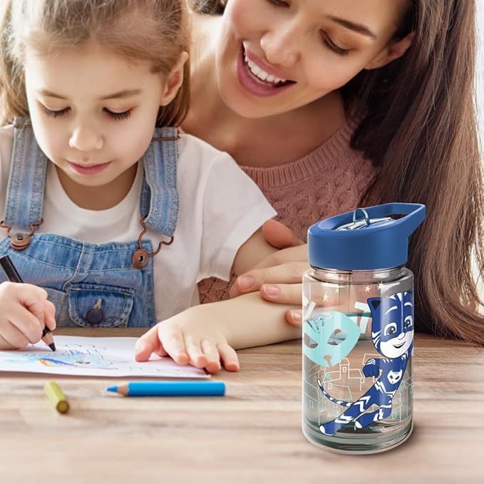 LOGOVISION PJ Masks Kids Tritan Plastic Water Bottle with Straw Lid and Handle, Reusable Tumbler for Toddlers, Unisex for Girls and Boys, 12oz, Big Catboy