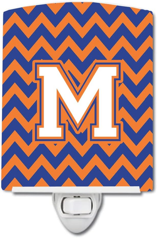 Caroline's Treasures CJ1060-MCNL Letter M Chevron Blue and Orange #3 Ceramic Night Light Compact, UL-Certified, Ideal for Bedroom, Bathroom, Nursery, Hallway, Kitchen, 6x4x3, Multicolor