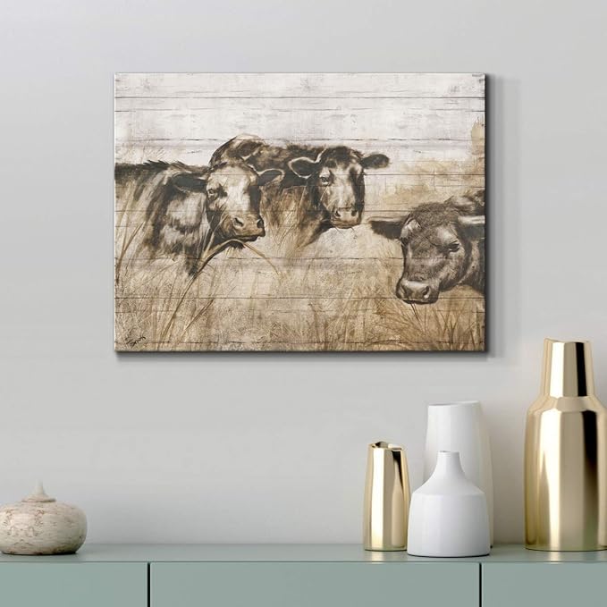 Renditions Gallery Canvas Animal Wall Art Modern Decorations Paintings Vintage Sepia Cows Abstract Black & White Farmhouse Artwork Prints for Bedroom Office Kitchen - 12"x18" LT33