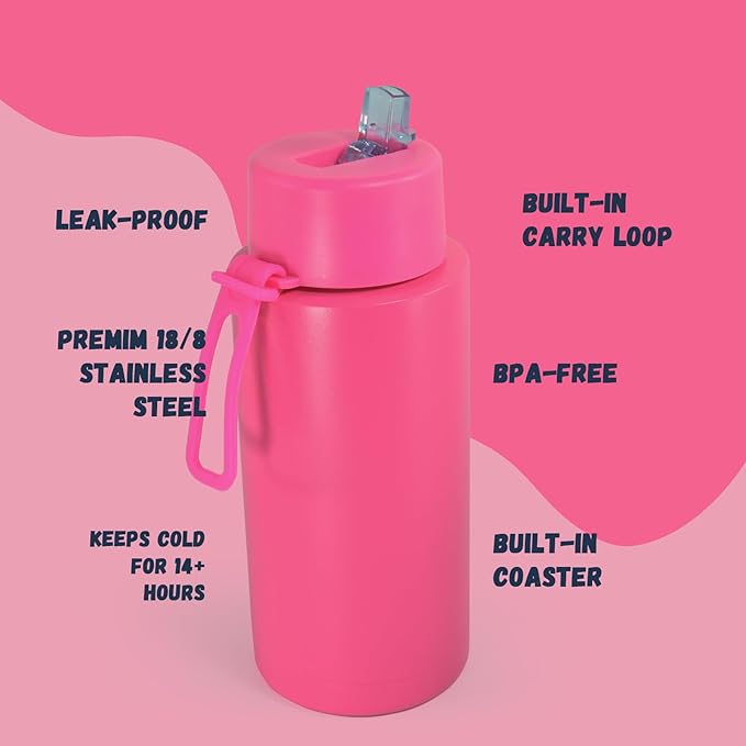 AGH 30oz Water Bottle - Double Wall Vacuum Insulated Stainless Steel Tumbler with Straw - Rose Red