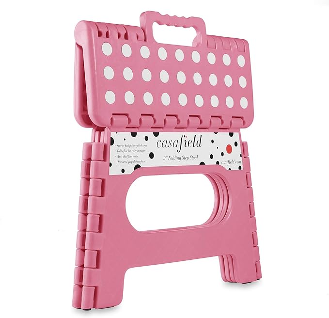 Casafield 9" Folding Step Stool with Handle, Pink - Portable Collapsible Small Plastic Foot Stool for Kids and Adults - Use in The Kitchen, Bathroom and Bedroom